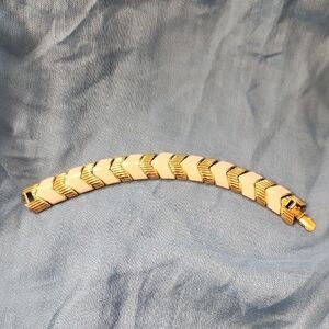 Vintage Gold & White Enamel Chevron Link Bracelet - Signed (Maker Unknown)
